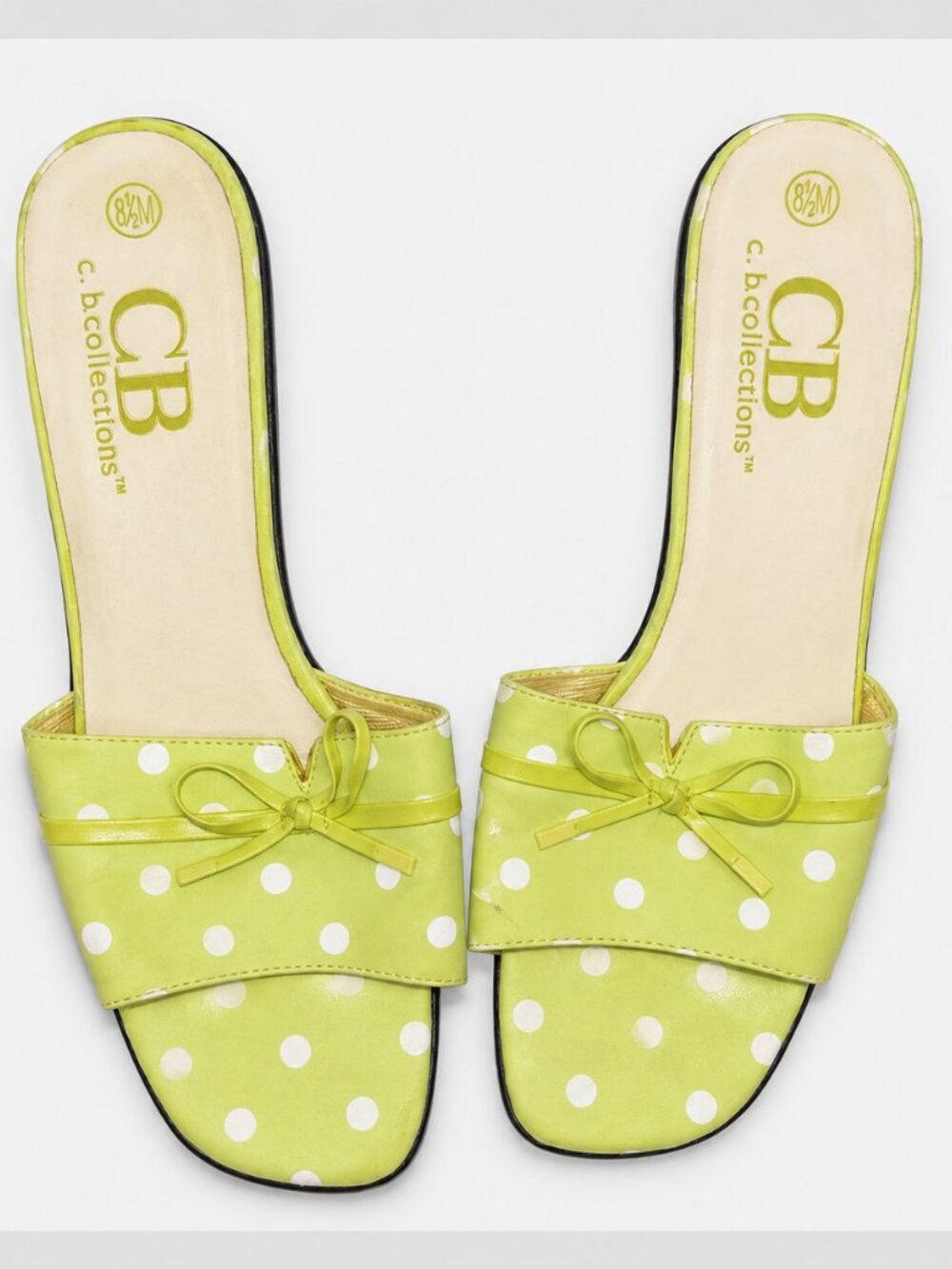 C.B. Collections Lime Green Polka Dot Bow Slide Sandals Heels Size 8.5M VGUC